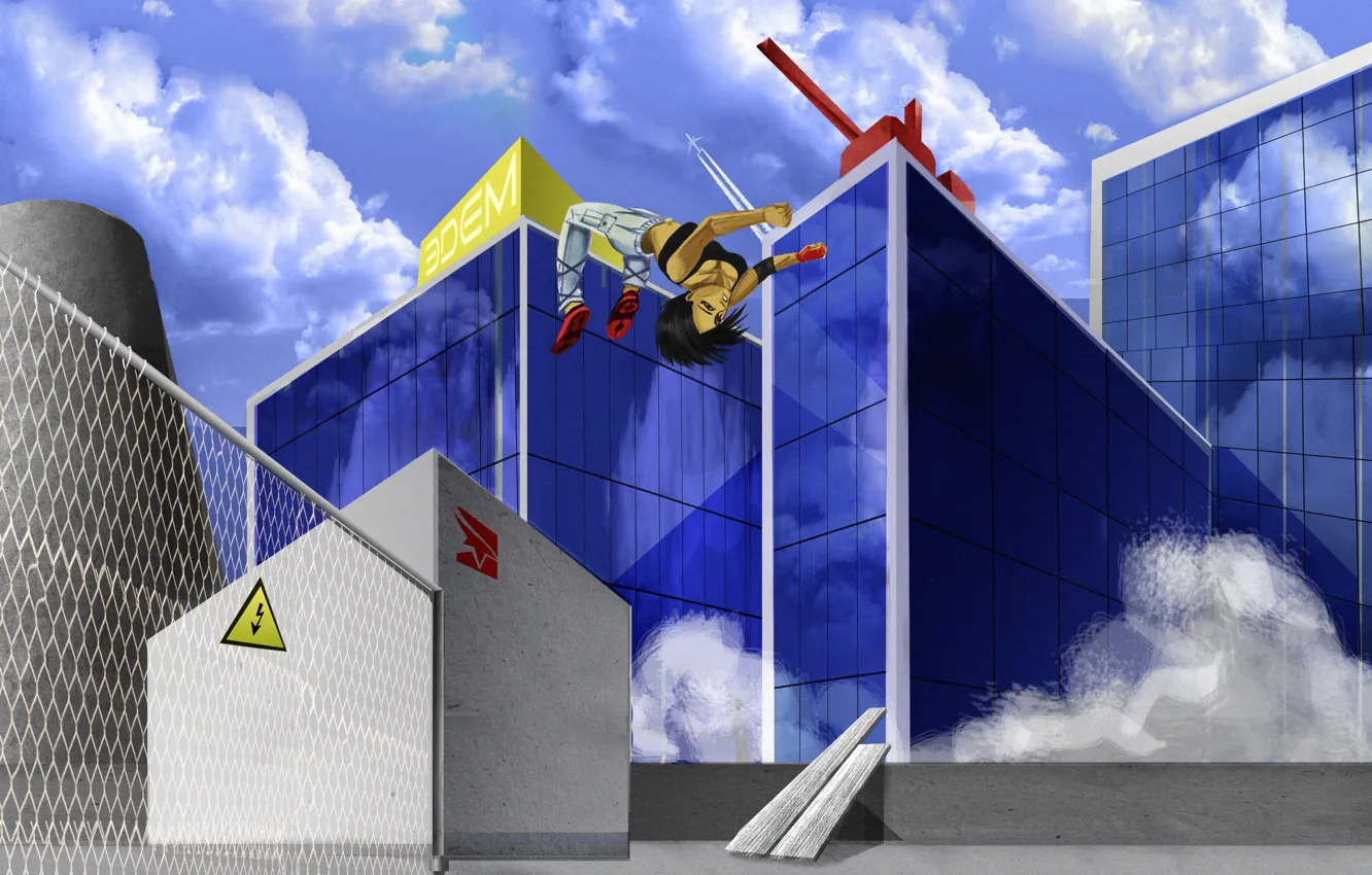 Фото обои game, sky blue, Mirrors Edge, Faith Connors, artist airmonger