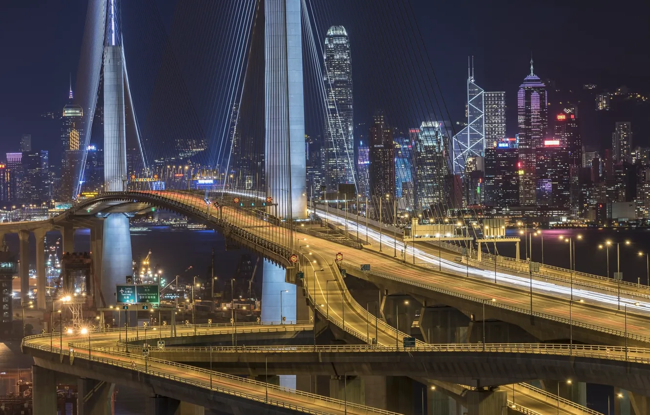 Фото обои ночь, мост, город, огни, Гонконг, Китай, Stonecutters` Bridge，HongKong
