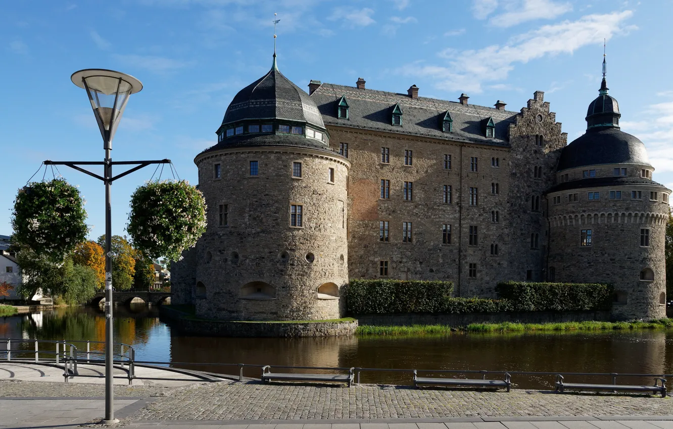 Фото обои пруд, замок, фонари, Швеция, Orebro