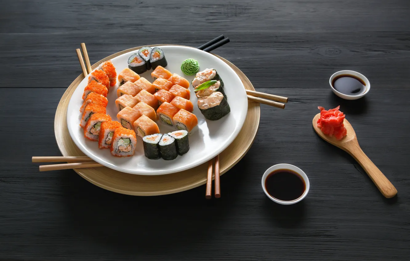 Фото обои палочки, соус, sushi, суши, роллы, имбирь, set, вассаби