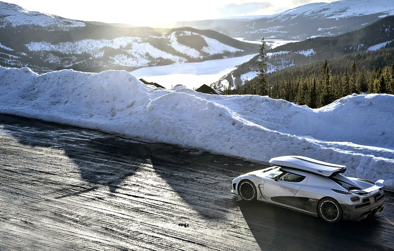Фото обои дорога, белый, снег, горы, Koenigsegg, Top Gear, суперкар, самая лучшая телепередача