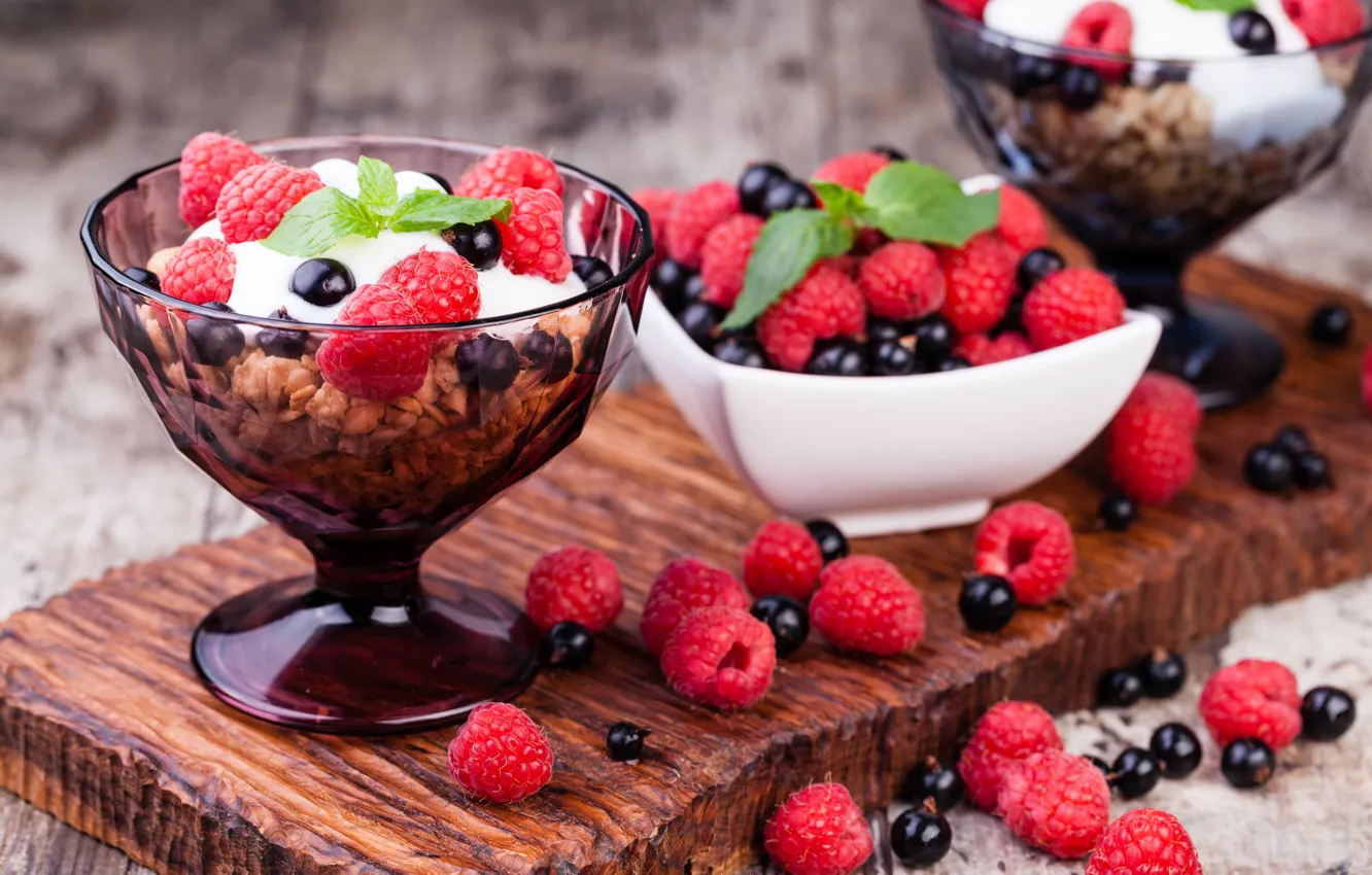Фото обои ягоды, малина, завтрак, мята, смородина, breakfast, мюсли, йогурт