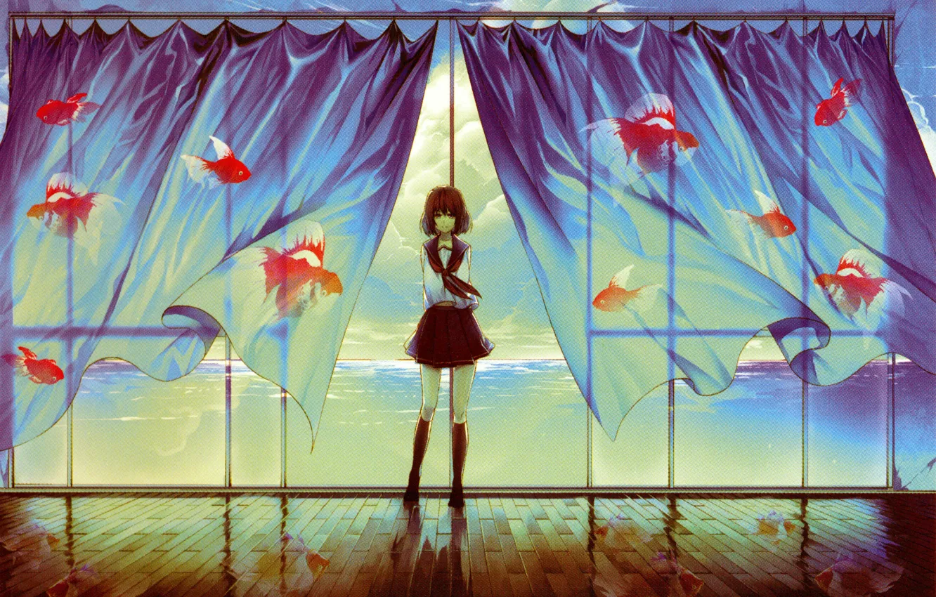 Фото обои окно, золотые рыбки, занавески, школьница, art, Mitabi Irohara