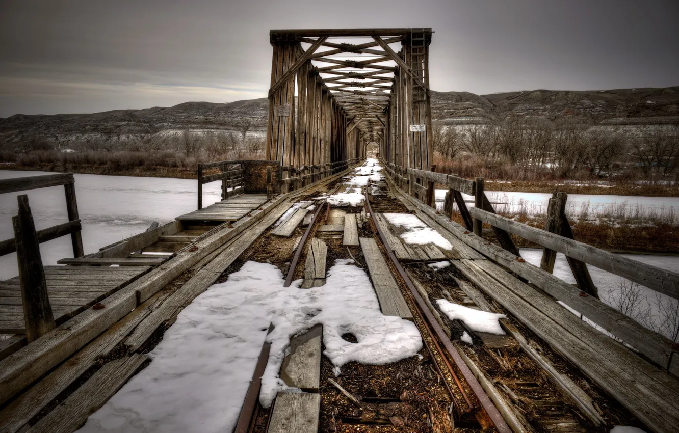 Фото обои зима, мост, река