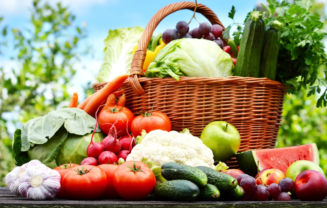 Фото обои корзина, арбуз, виноград, овощи, помидоры, персик, капуста, grape