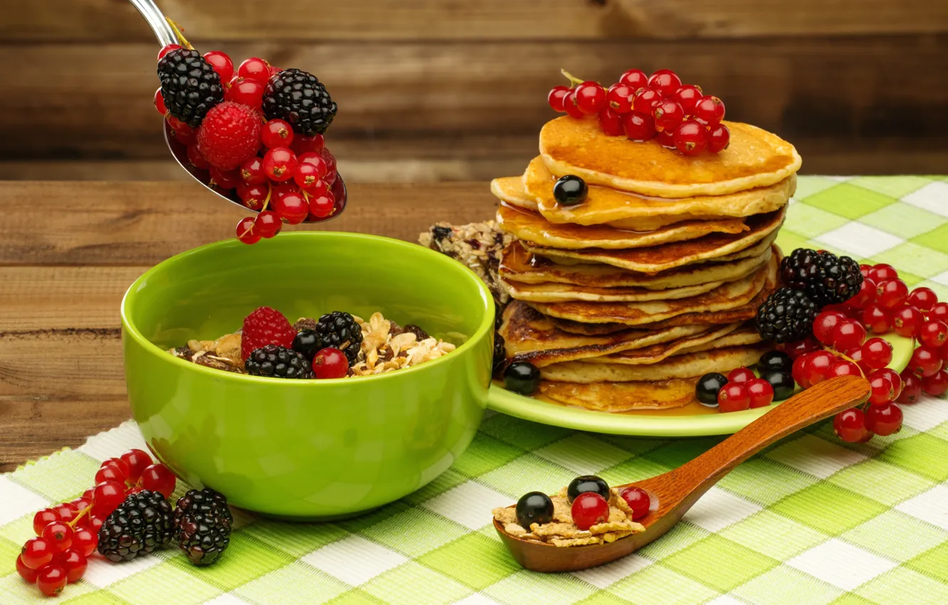 Фото обои ягоды, завтрак, мёд, блины, fresh, смородина, ежевика, berries