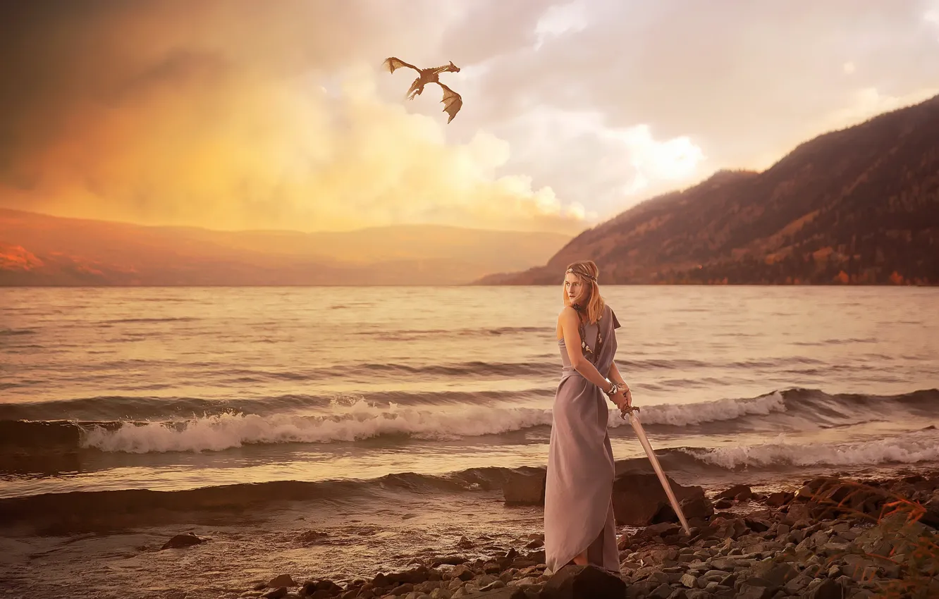 Фото обои море, девушка, дракон, меч
