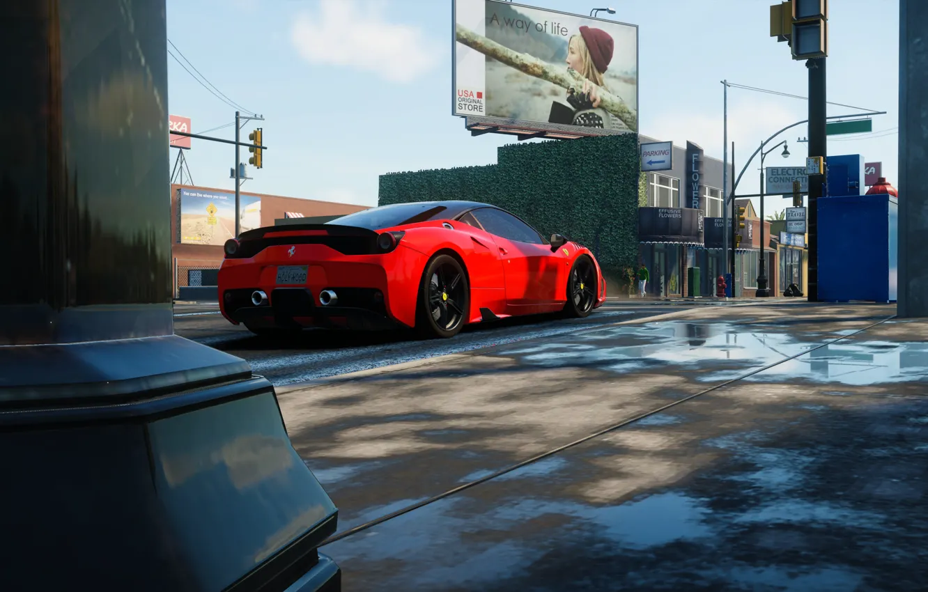 Фото обои улица, светофор, Ferrari, щит, солнечно, The Crew, Wild Run, 450 Italia