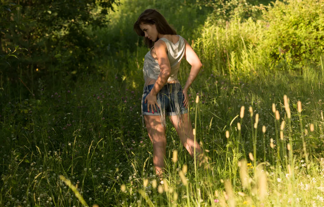 Фото обои grass, hot girl, field, nature, tree, butt, shadows, sexy woman