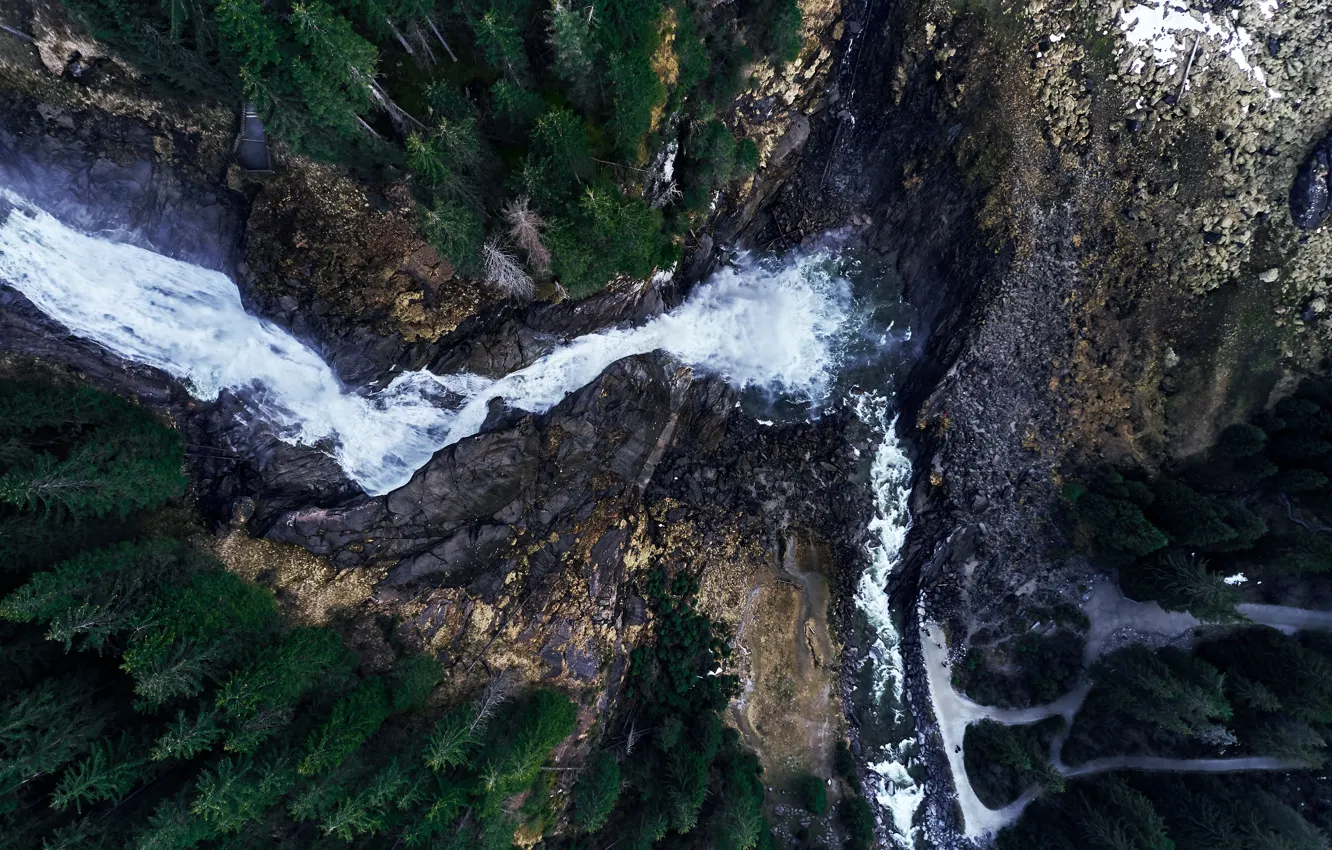 Фото обои обрыв, скалы, водопад, поток, вид сверху