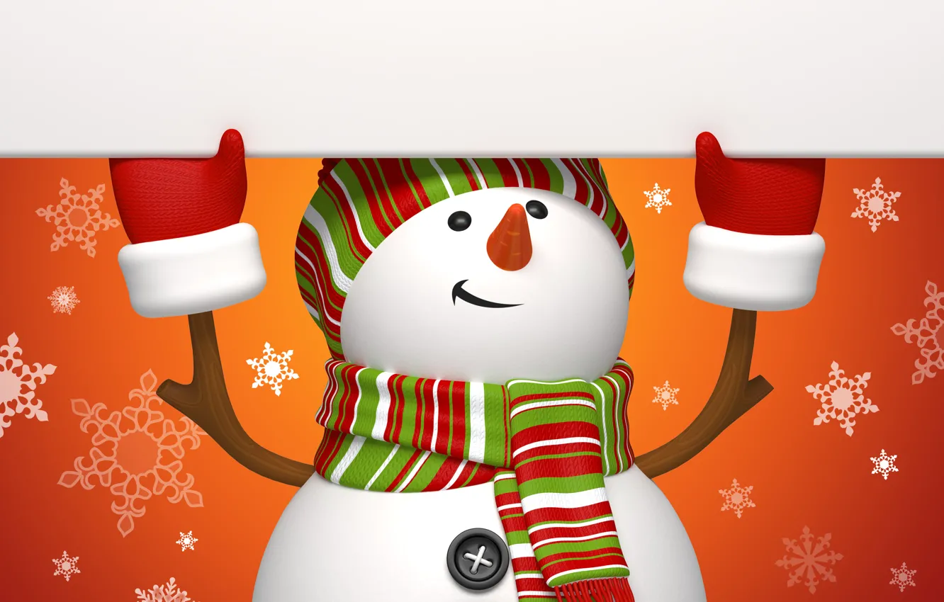 Фото обои зима, снежинки, оранжевый, праздник, графика, новый год, рождество, снеговик