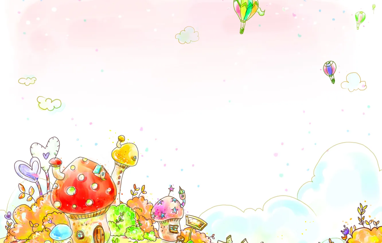Фото обои трава, облака, воздушные шары, забор, сердечки, домик, кусты, детские обои