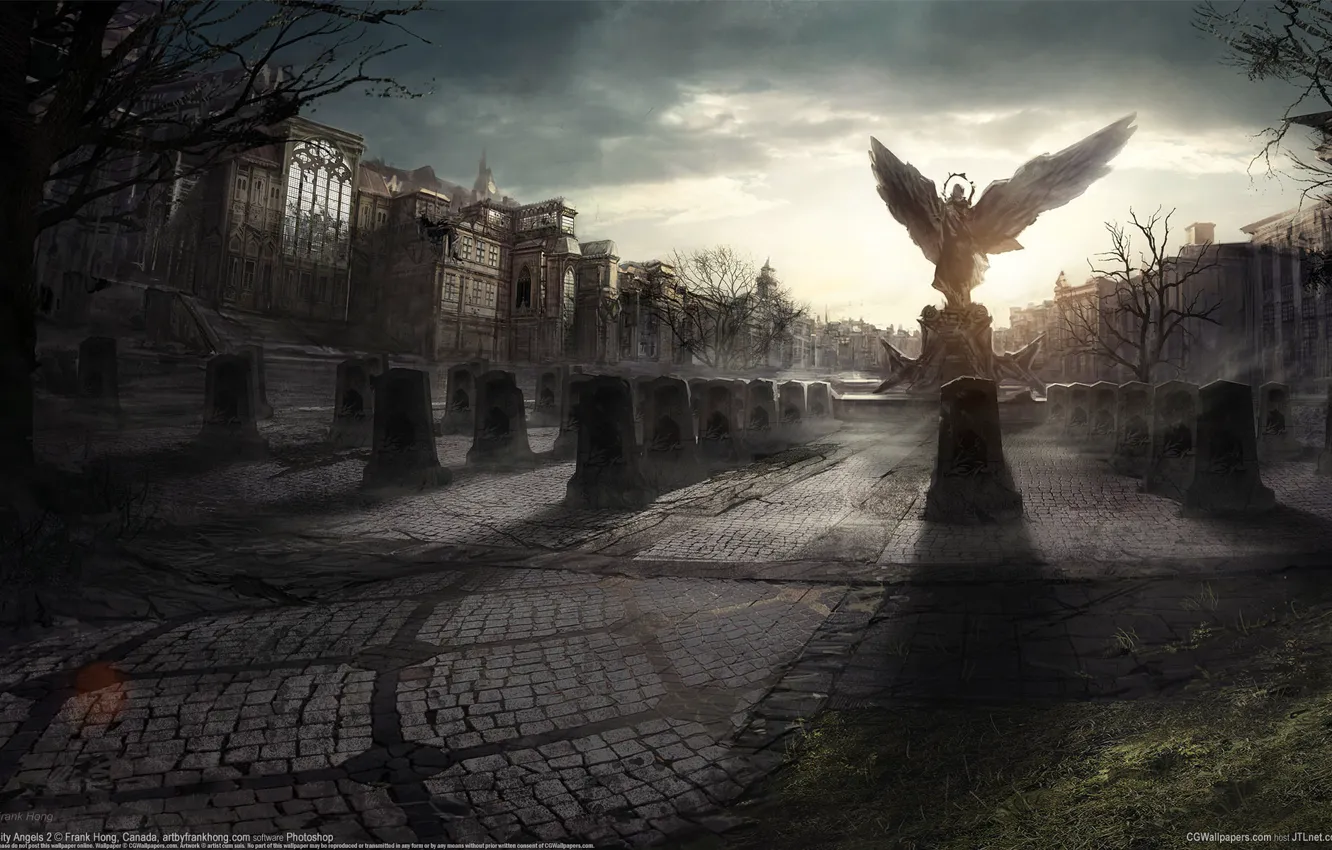 Фото обои город, дома, крылья, ангел, площадь, памятник, плиты, статуя
