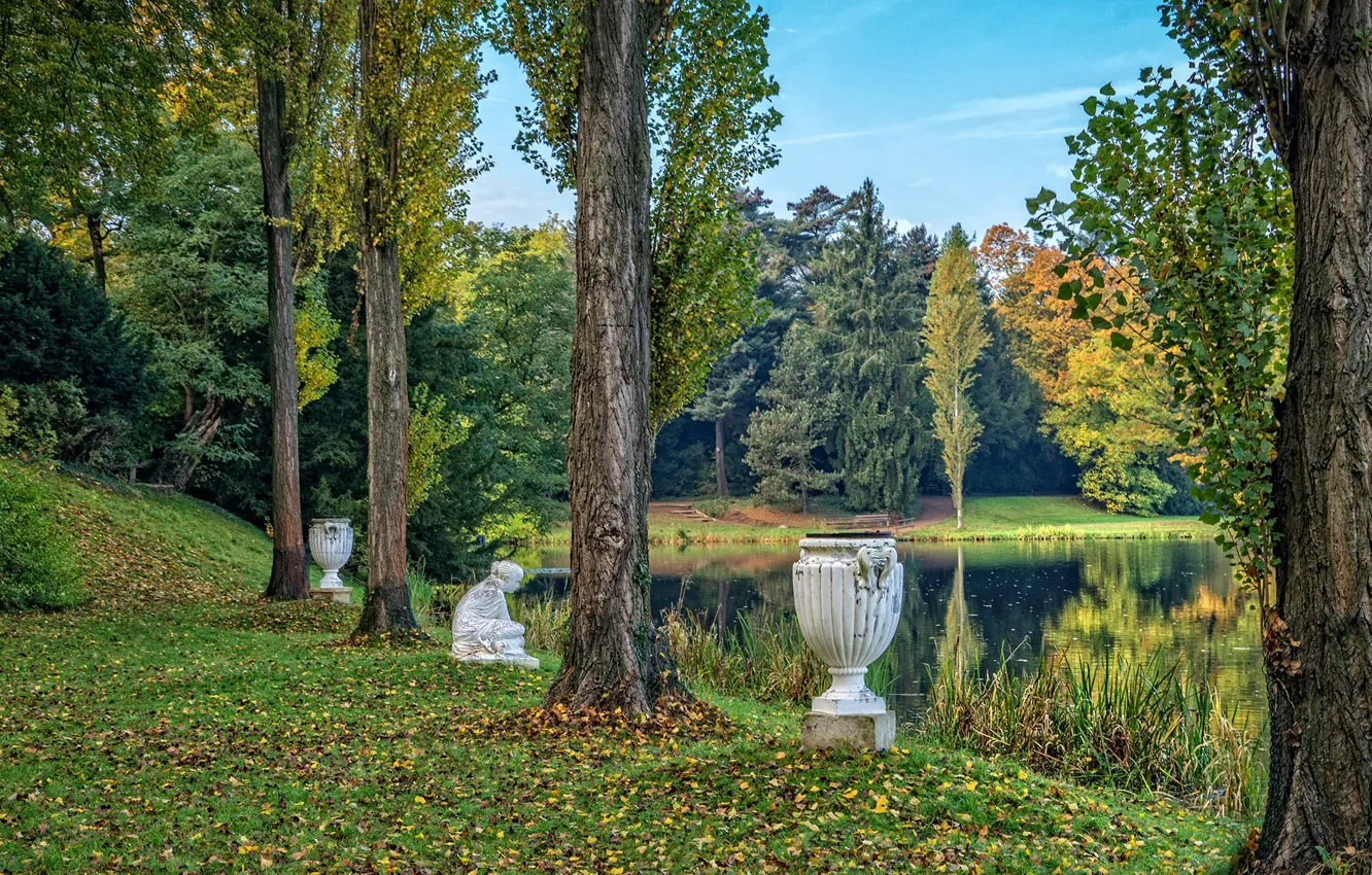 Фото обои осень, трава, листья, деревья, пруд, парк, Германия, скульптура