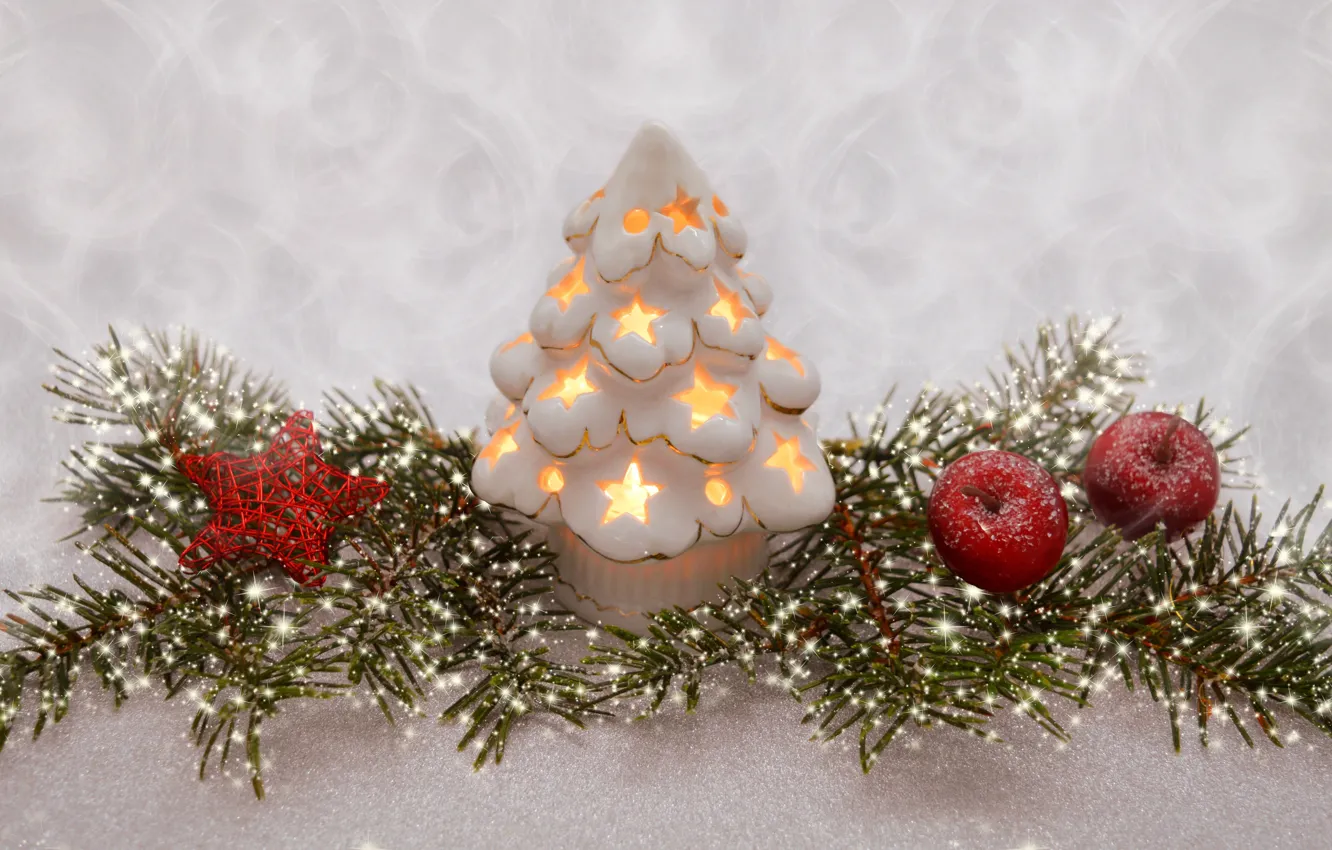 Фото обои зима, ветки, праздник, игрушка, свеча, Рождество, Новый год, ёлочка
