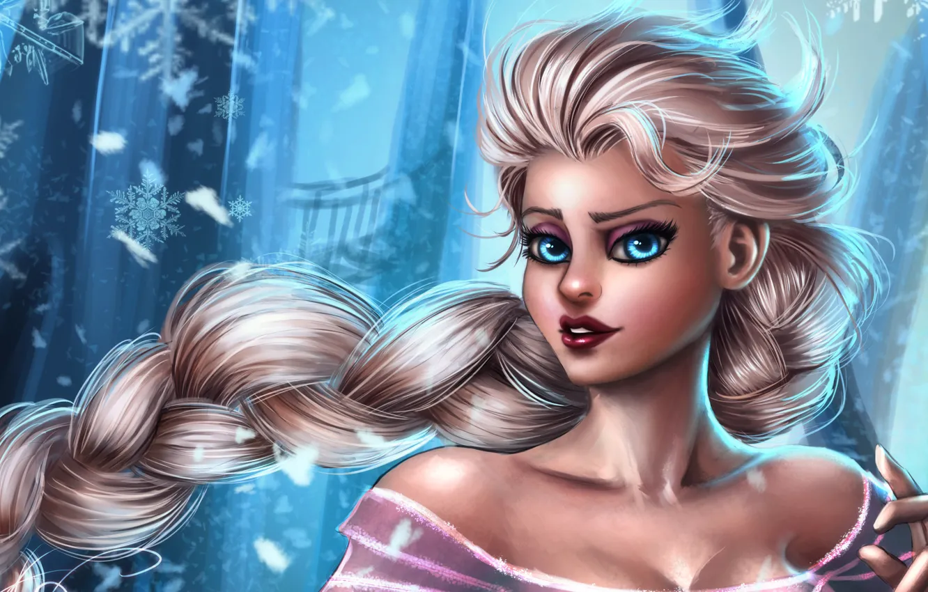 Фото обои взгляд, снежинки, волосы, мультфильм, Frozen, Walt Disney, Дисней, Snow Queen Elsa