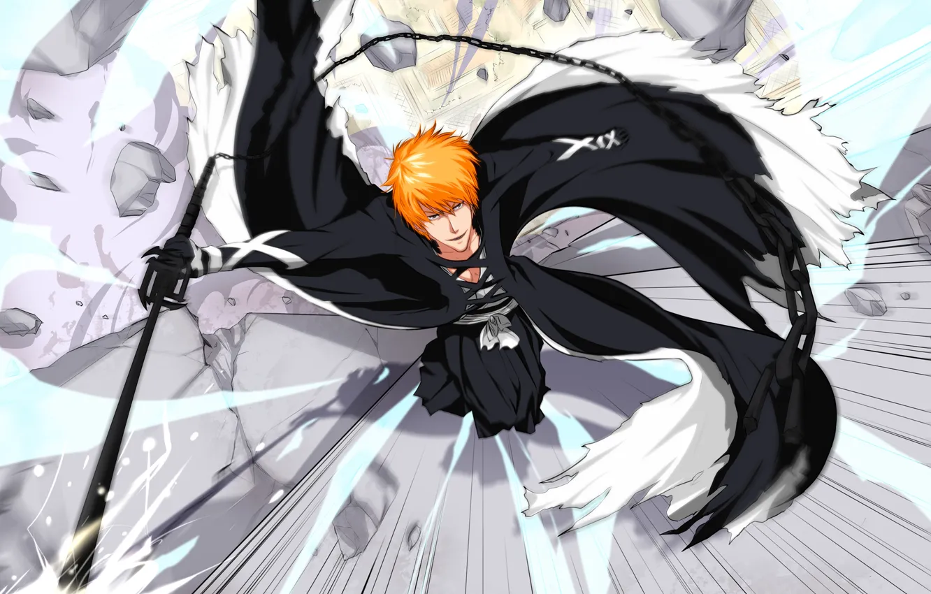 Фото обои взгляд, улыбка, меч, цепь, парень, Bleach, Блич, kurosaki ichigo