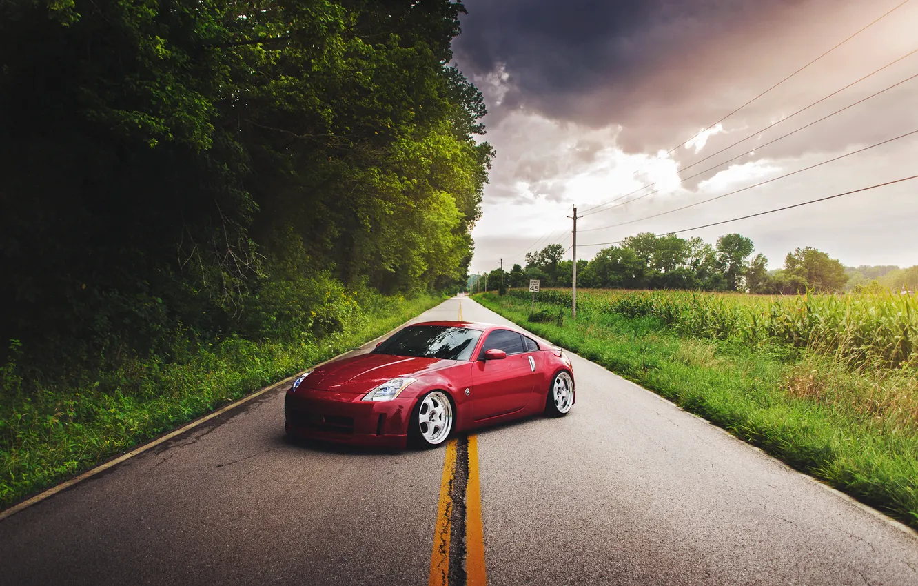 Фото обои дорога, красный, red, Nissan, ниссан, 350Z, stance