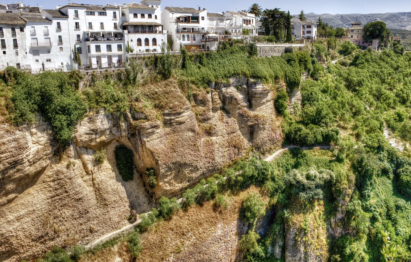 Фото обои горы, обрыв, здания, Испания, тропинка, Spain, Андалусия, Andalusia