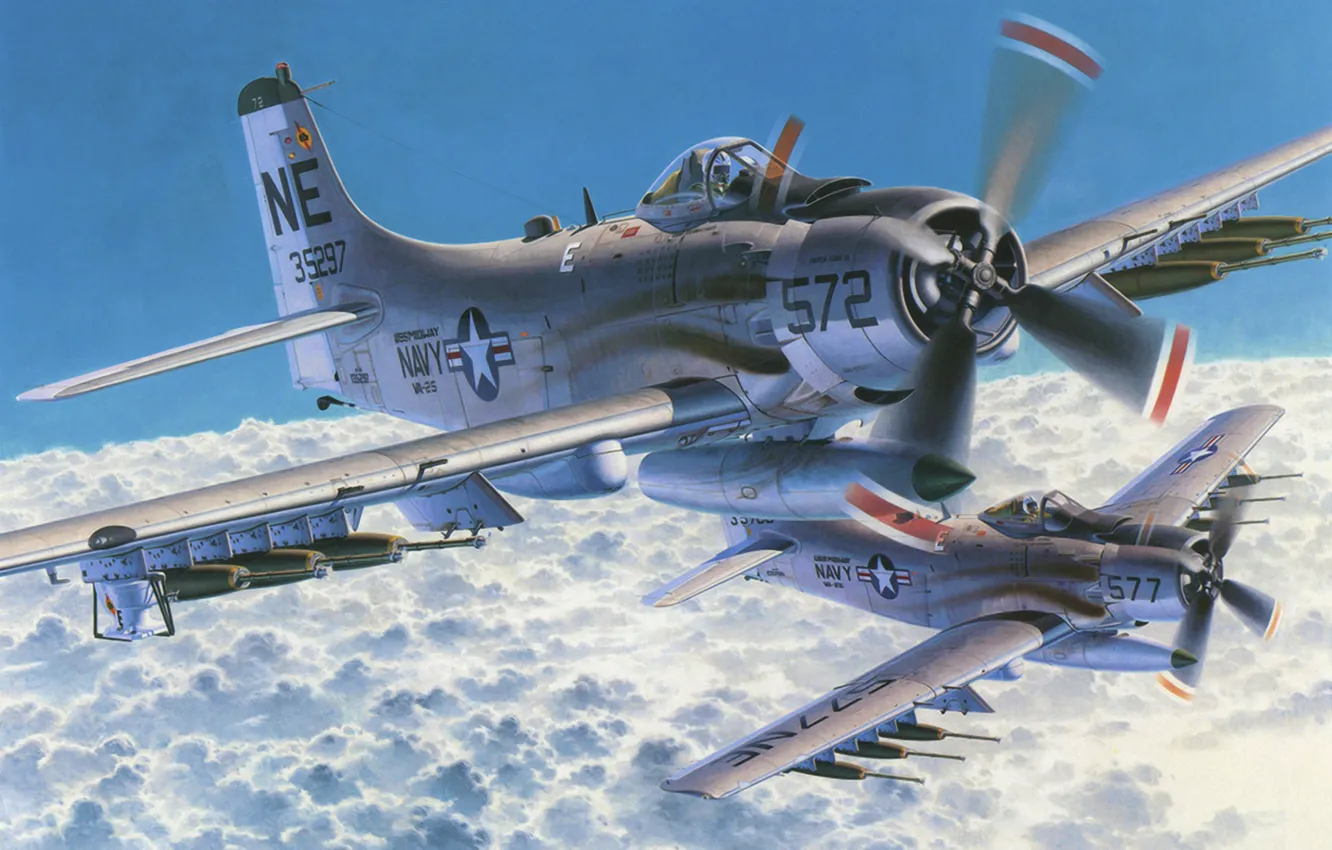 Фото обои war, art, airplane, painting, aviation, Douglas A-1 Skyraider
