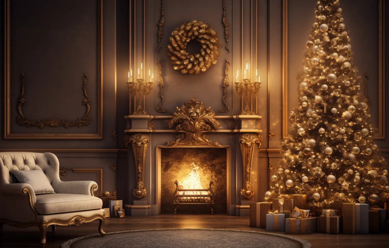 Фото обои украшения, комната, елка, новый год, интерьер, Рождество, камин, Christmas