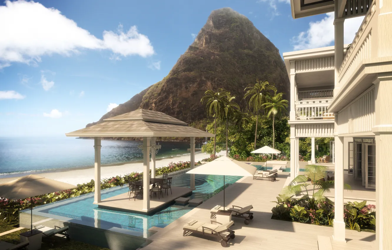 Фото обои пальмы, океан, вилла, бассейн, архитектура, курорт, терраса, Карибы