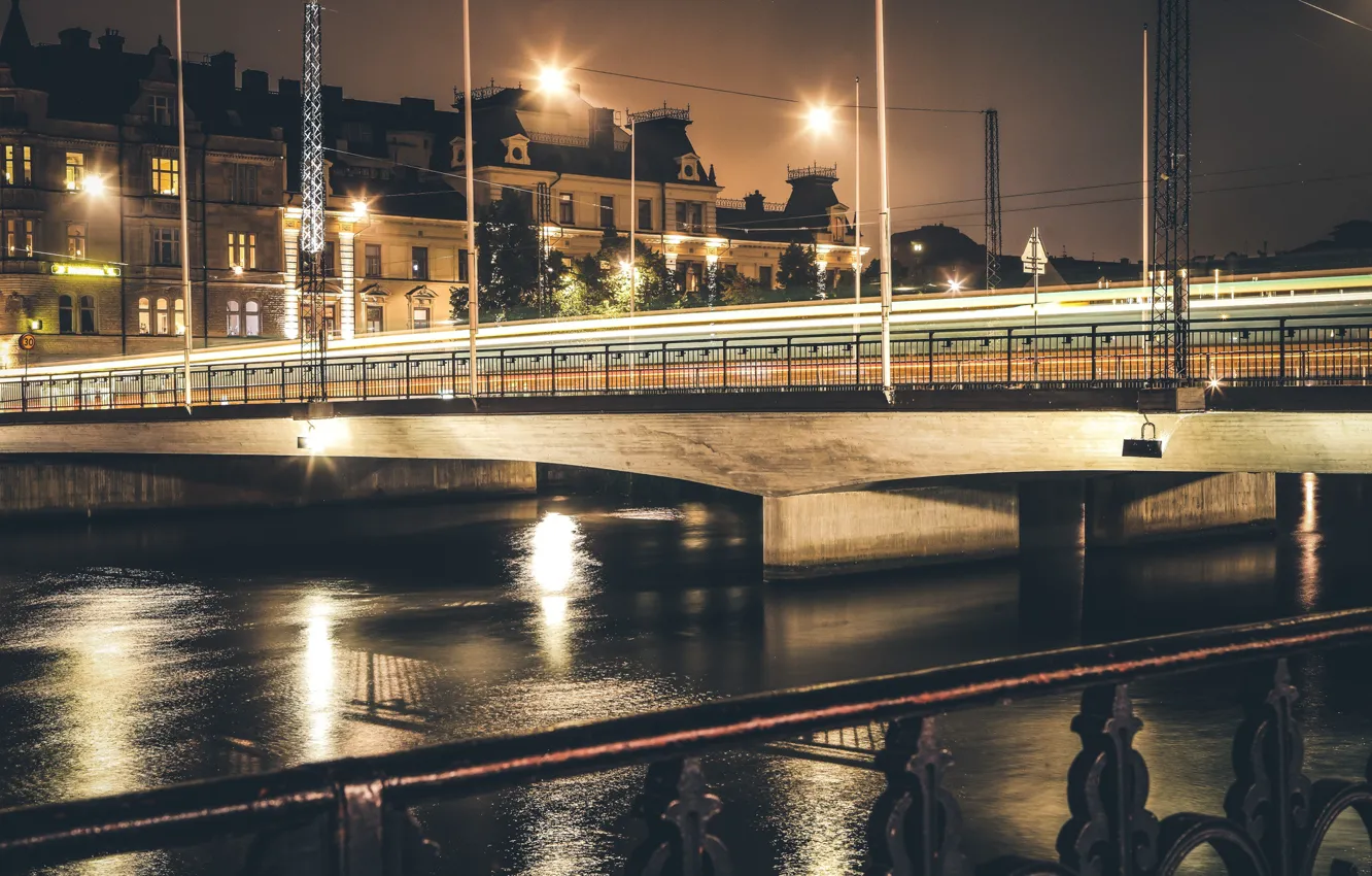 Фото обои мост, город, река, вечер