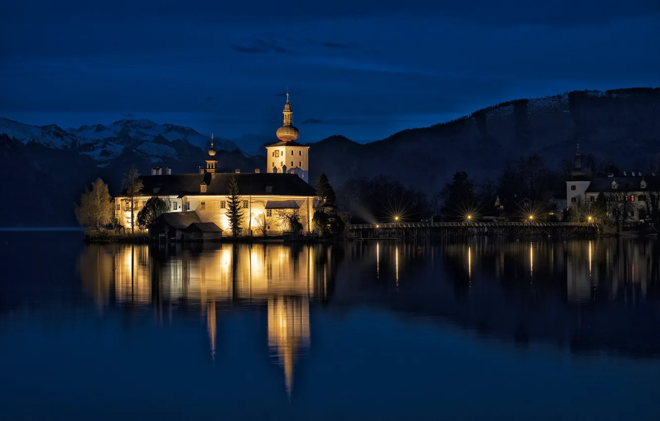 Фото обои замок, вечер, Австрия, подсветка, Гмунден