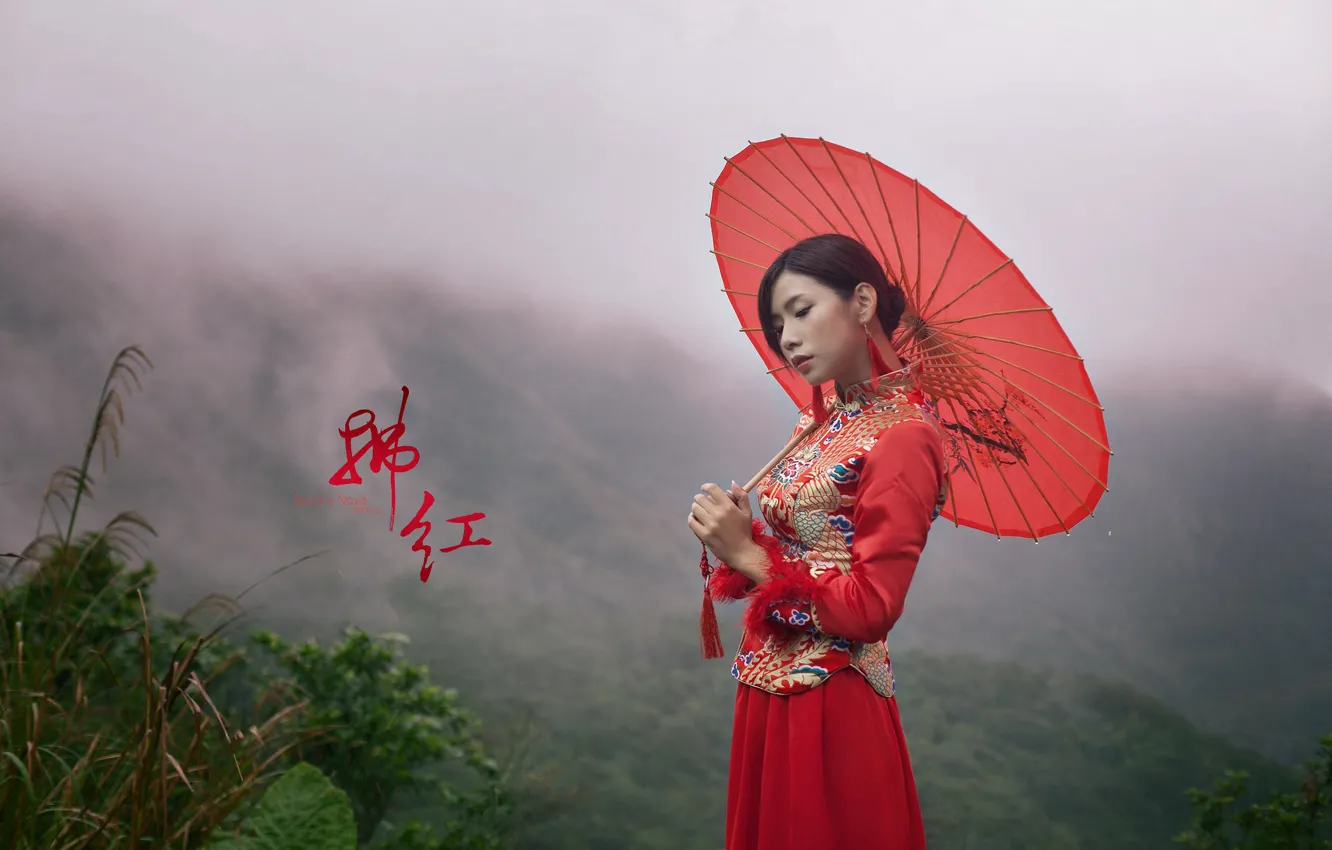 Фото обои природа, зонтик, азиатка, боке, девушка в красном, эффектно
