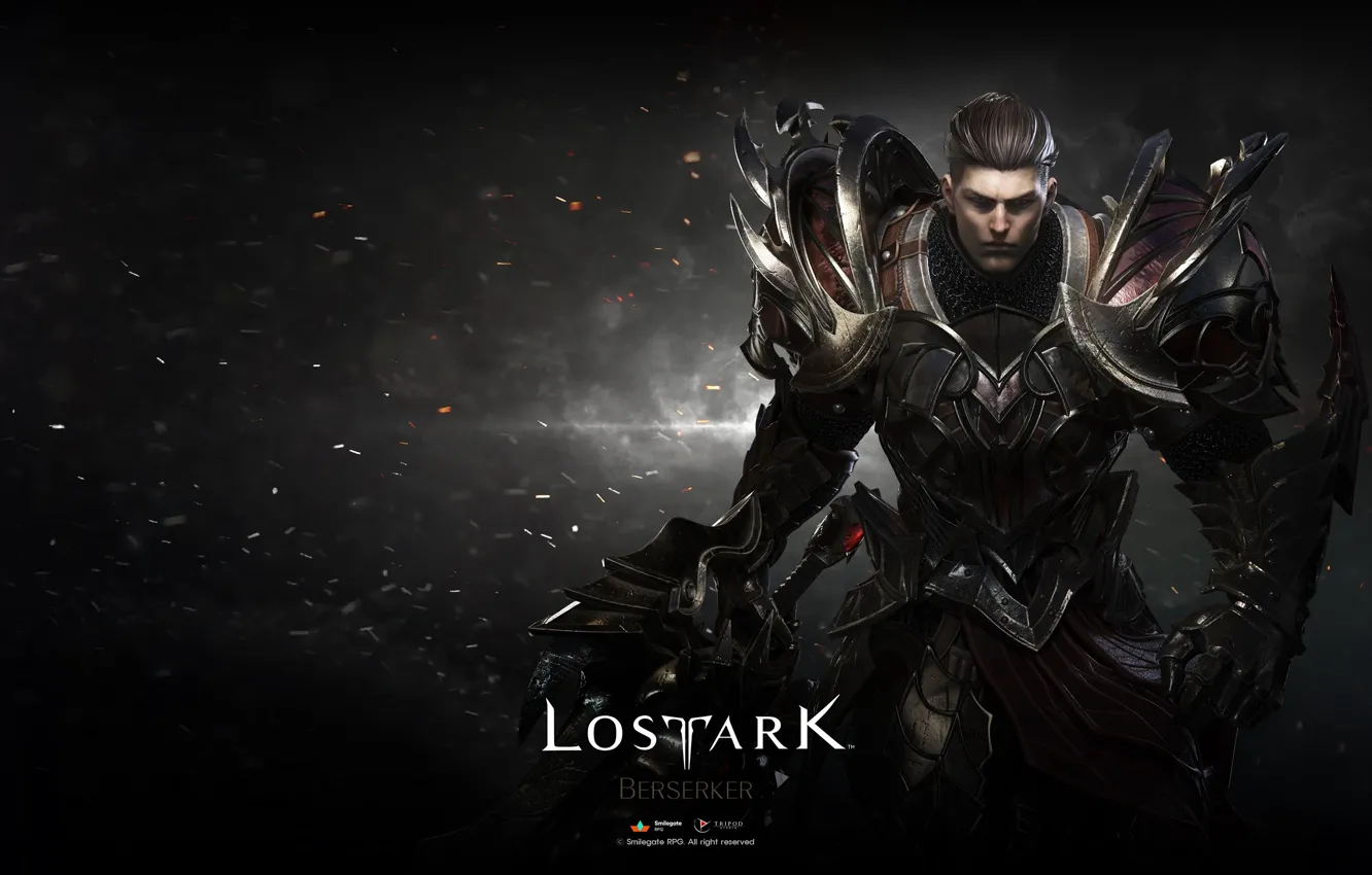 Фото обои взгляд, фон, доспехи, искры, парень, Lost Ark