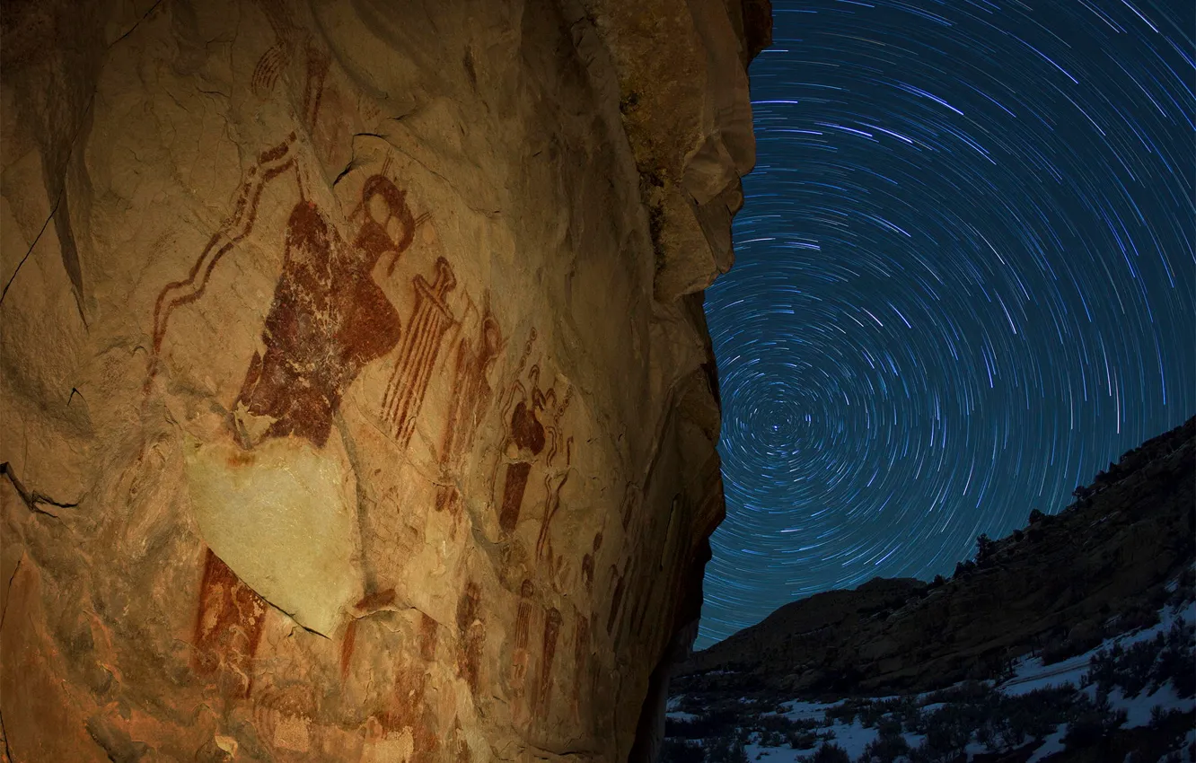Фото обои звезды, ночь, Юта, США, круговорот, штат, петроглифы, sego canyon