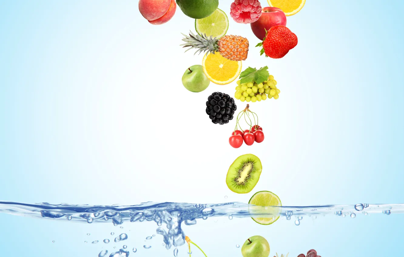 Фото обои вода, пузырьки, вишня, ягоды, малина, фон, голубой, лимон