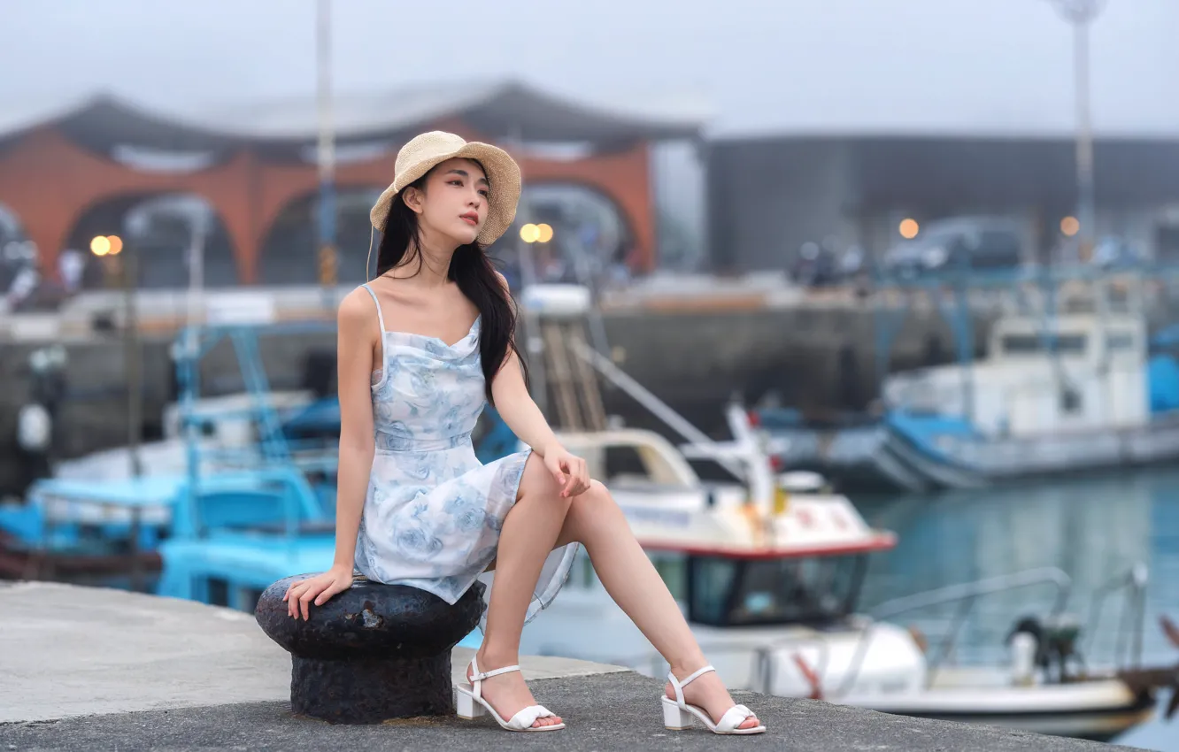 Фото обои причал, шляпка, азиатка, ожидание, hat, asian, waiting, berth