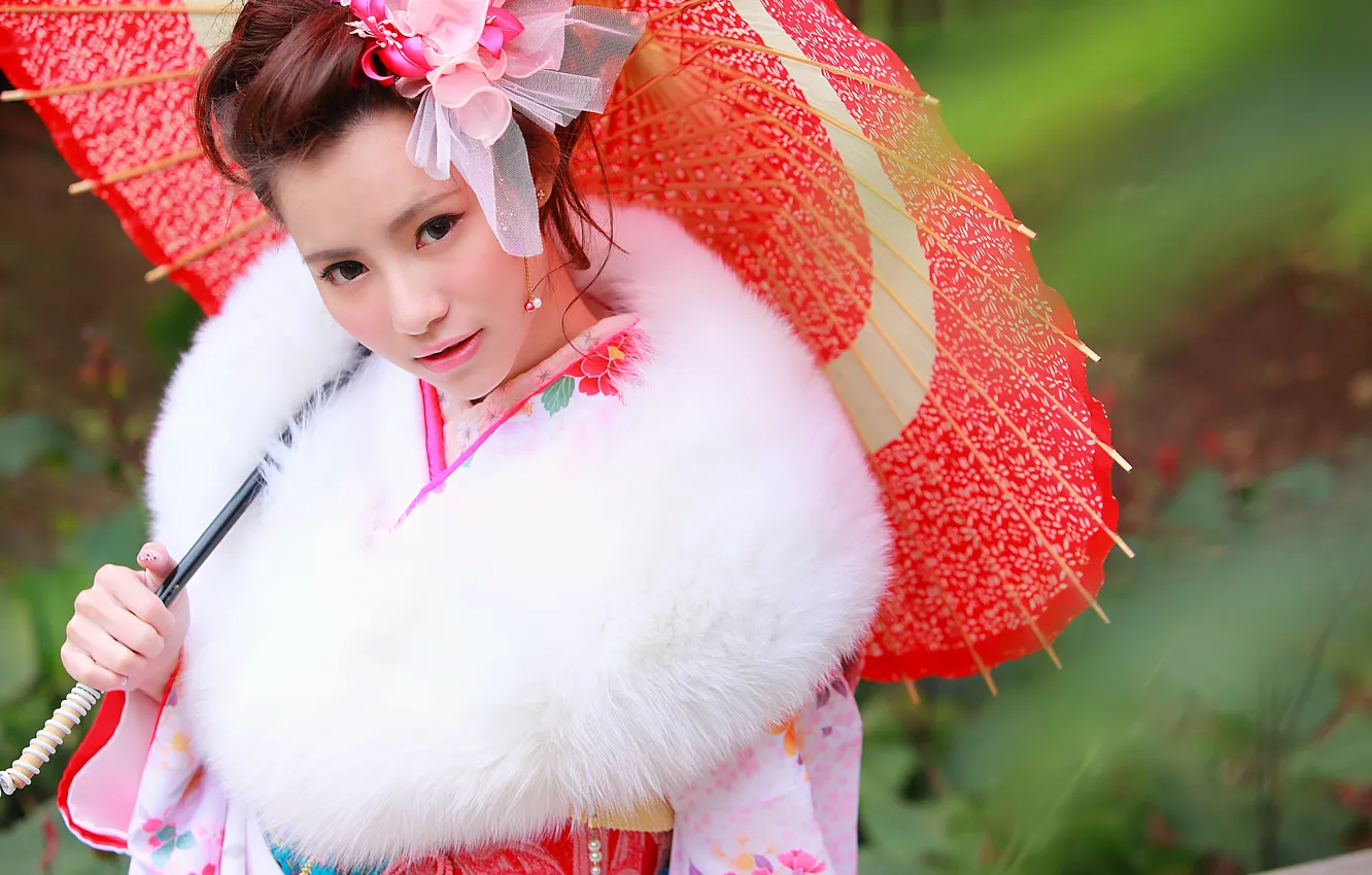 Фото обои взгляд, лицо, зонтик, одежда, кимоно, азиатка