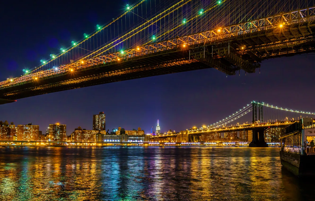 Фото обои небо, ночь, мост, огни, река, дома, нью-йорк, сша