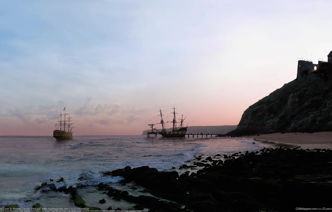 Фото обои море, камни, скалы, корабли, утро, пирс, ricardo garces