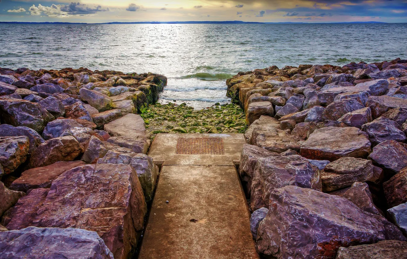 Фото обои road, water, stones, rocky path