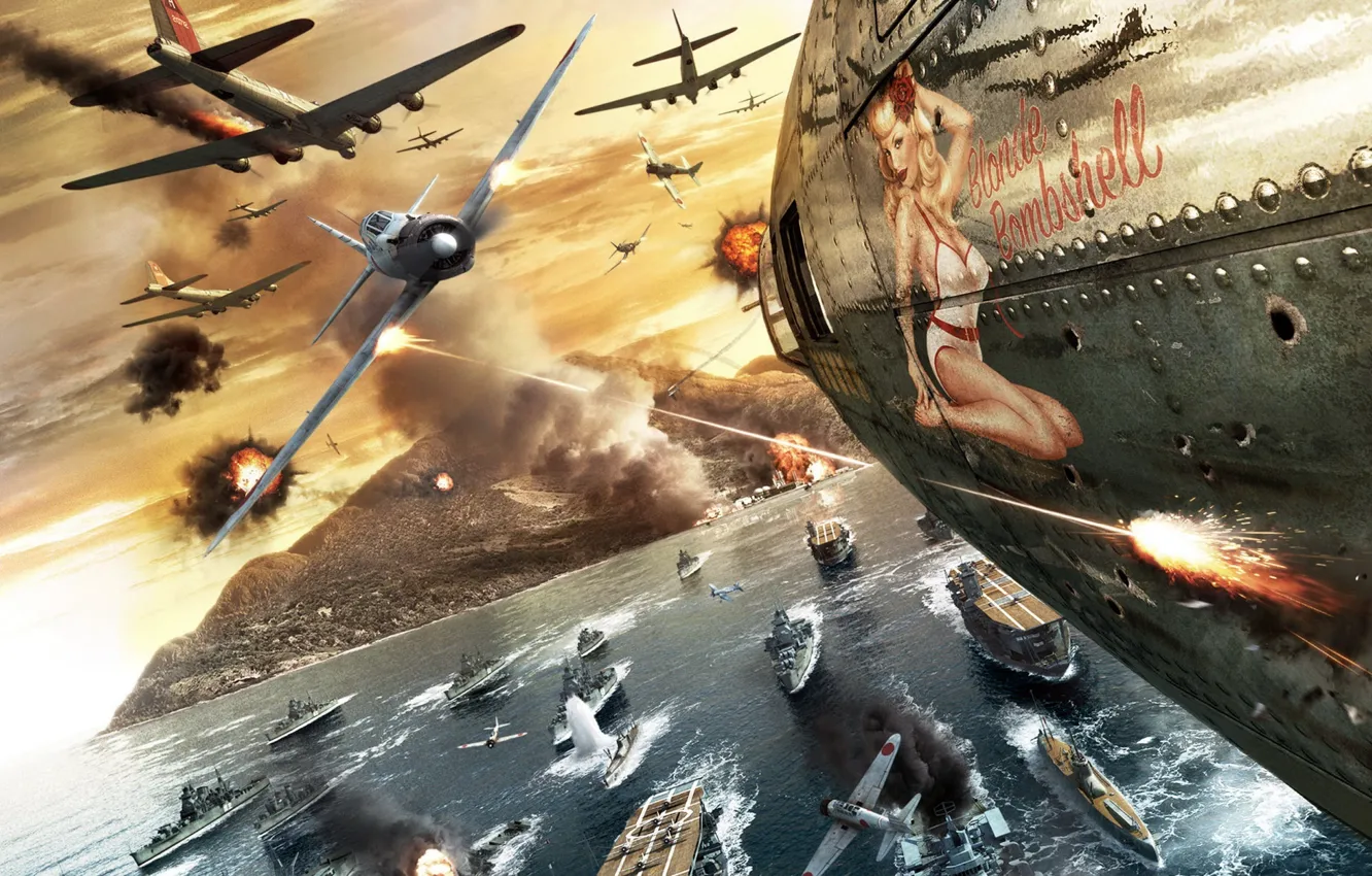 Фото обои океан, истребитель, авианосец, бомбардировщик, крейсер, воздушный бой, Тихий океан, морской бой