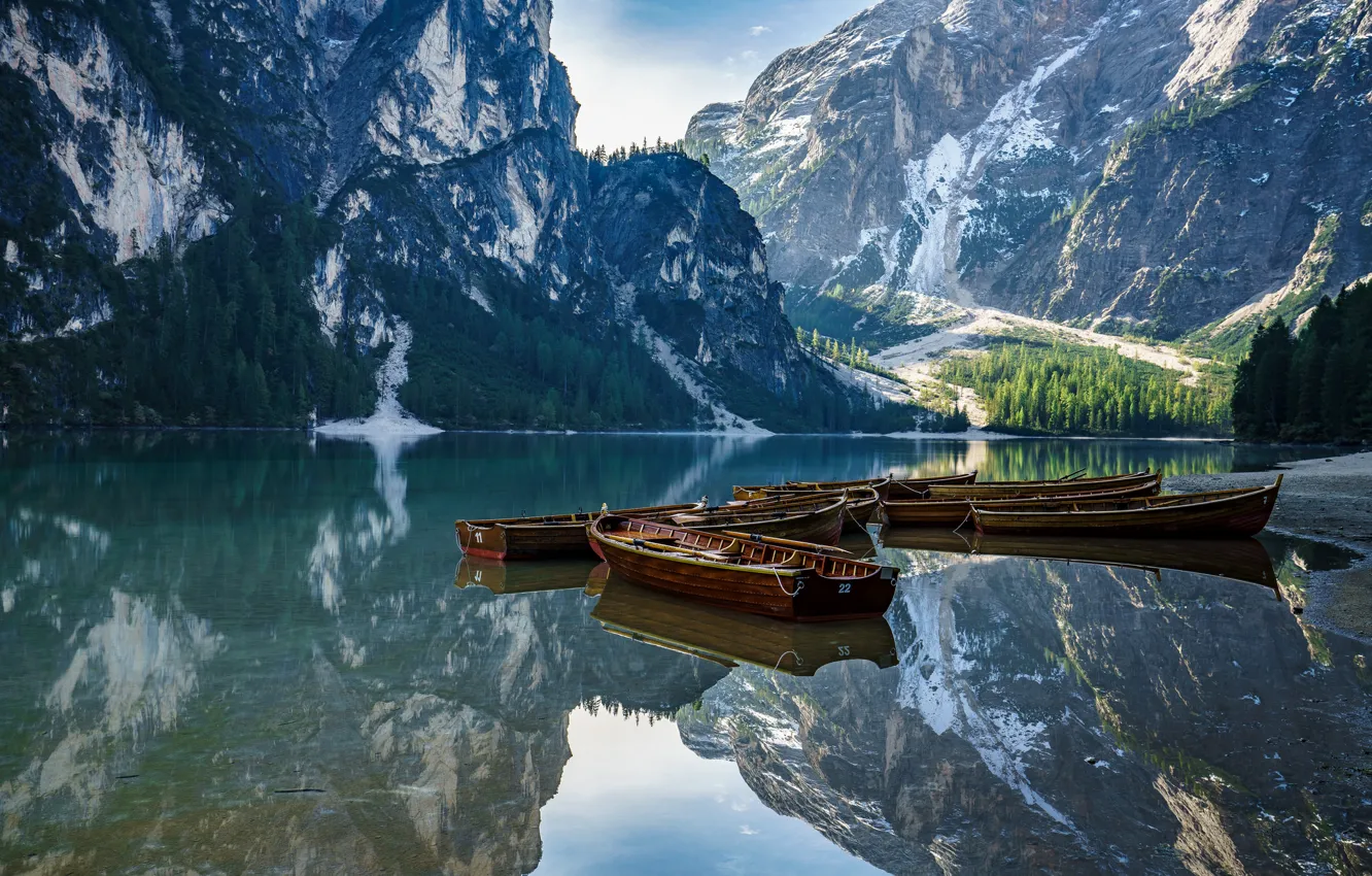 Фото обои горы, озеро, лодка, Италия, Доломитовые Альпы