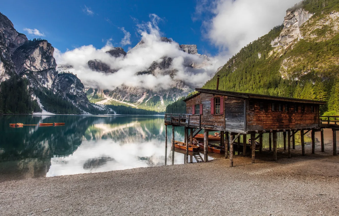 Фото обои горы, озеро, Альпы, домик