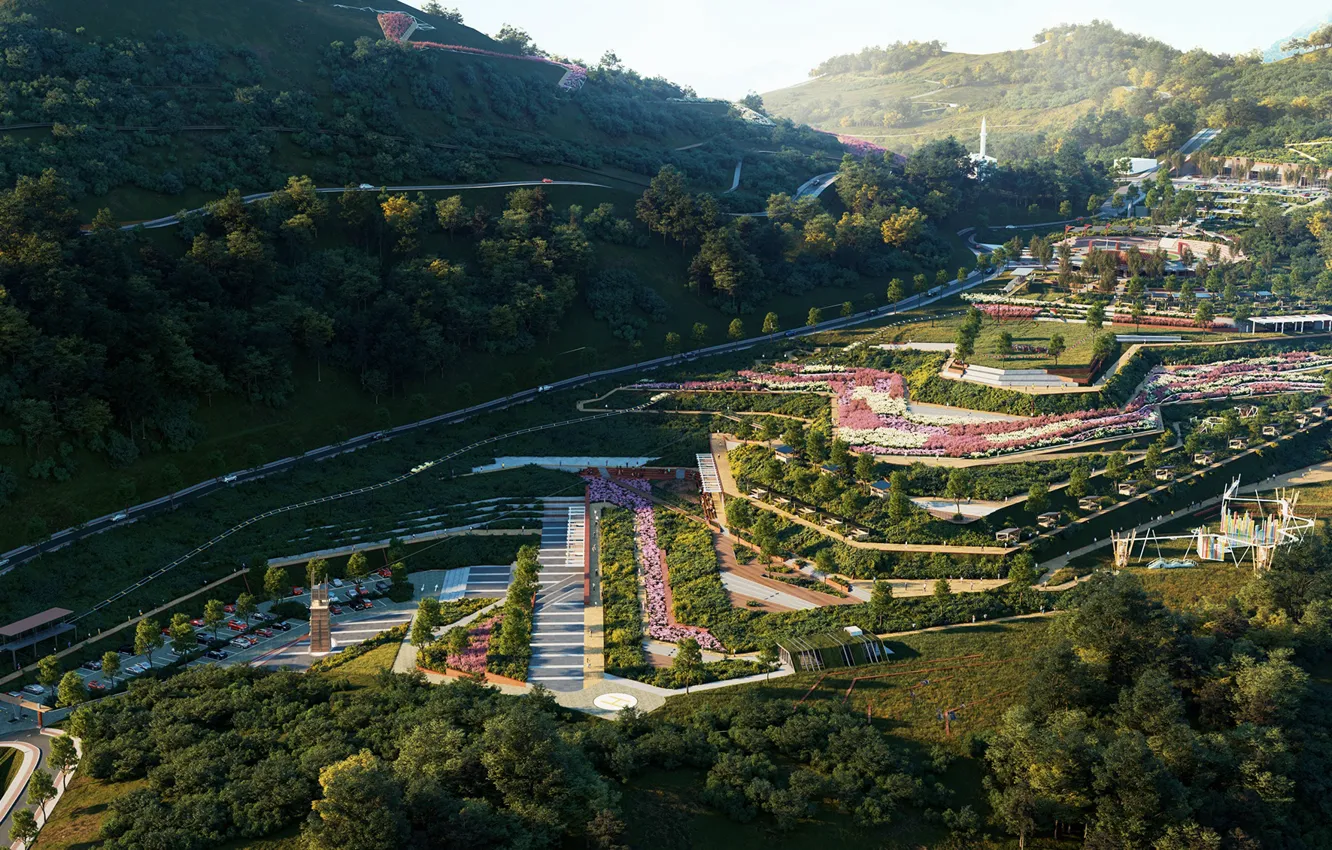 Фото обои парк, горы, Incredible Lanscape Project, лес, дорога