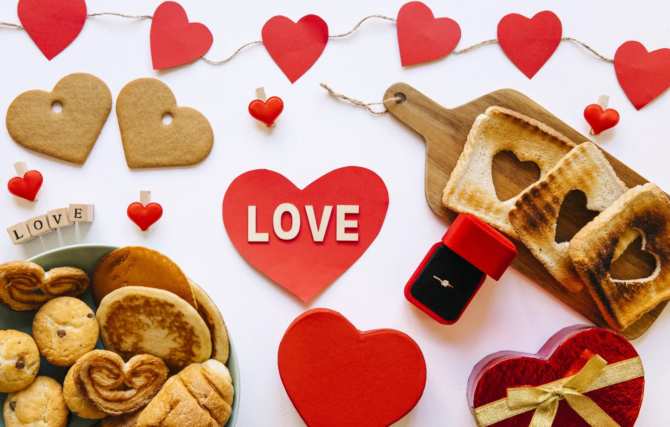 Фото обои любовь, коробка, сердце, завтрак, печенье, кольцо, подарки, День Святого Валентина
