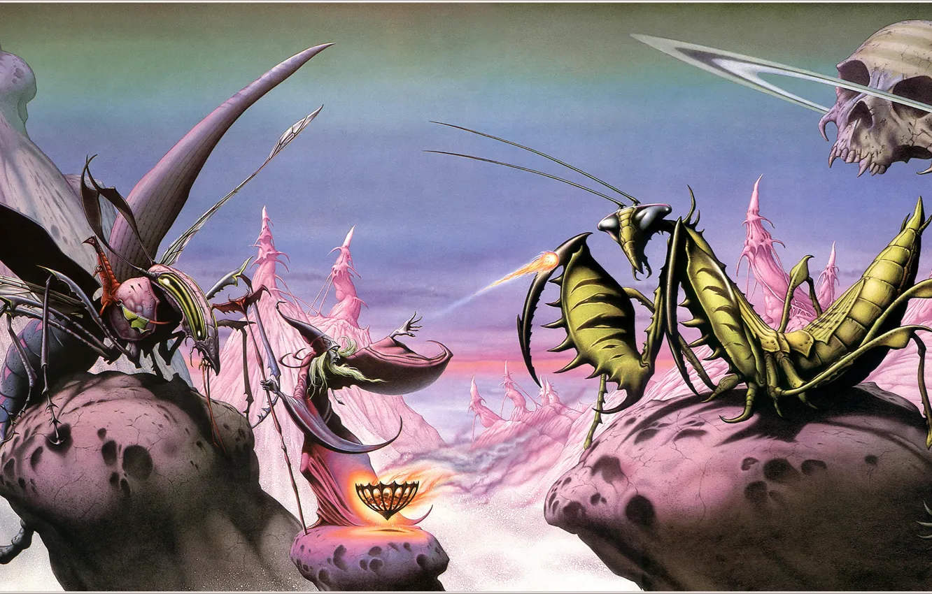 Фото обои насекомые, фантастика, скалы, череп, богомол, Rodney Matthews