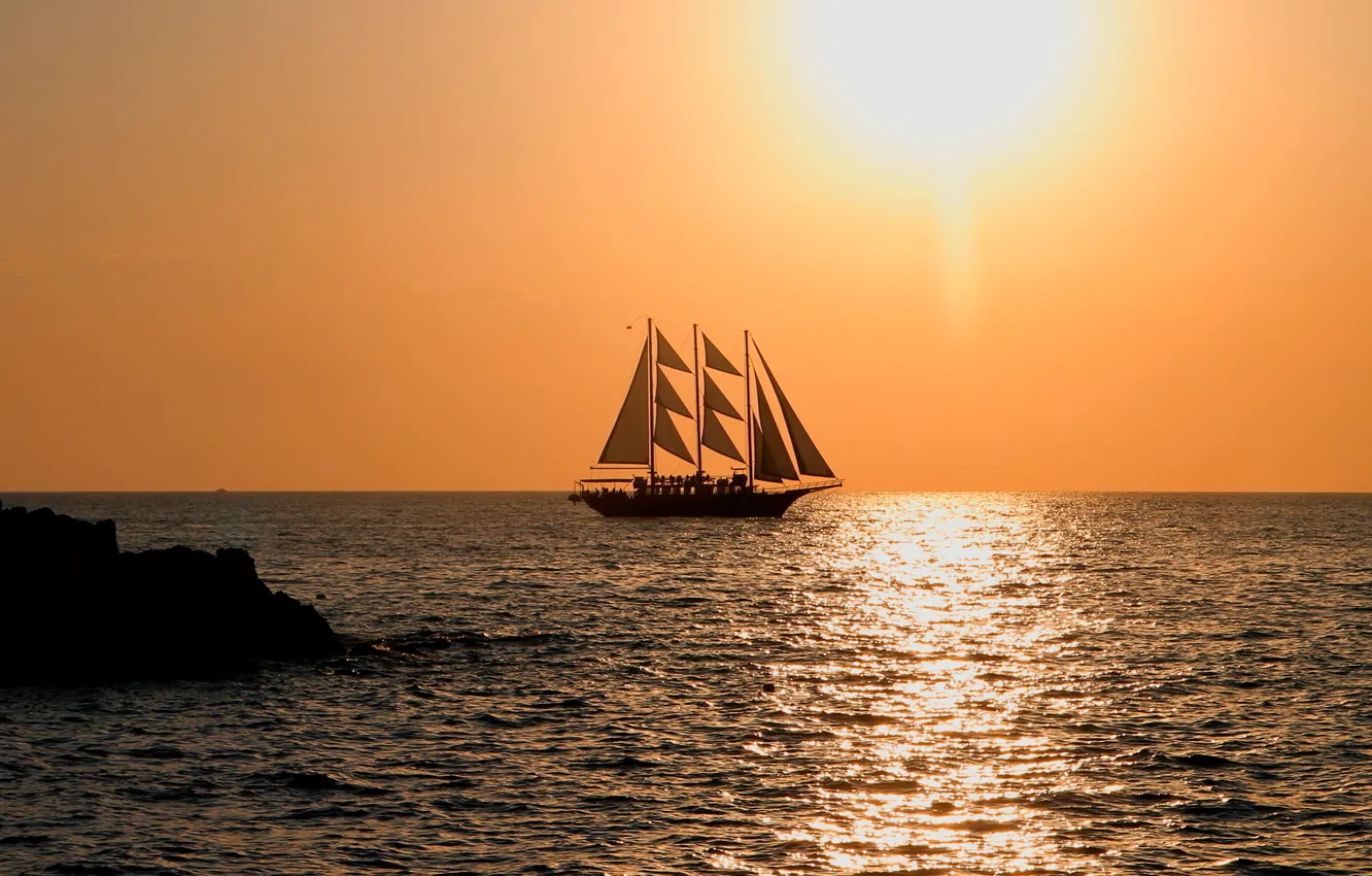 Фото обои океан, парусник, вечер, evening, sun, sailboat