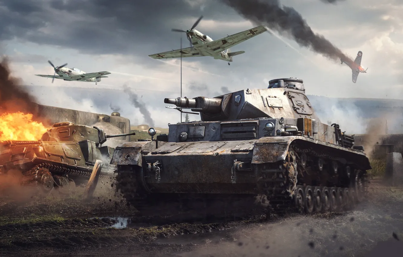 Фото обои война, игра, дым, грязь, лужи, танки, самолёты, War Thunder
