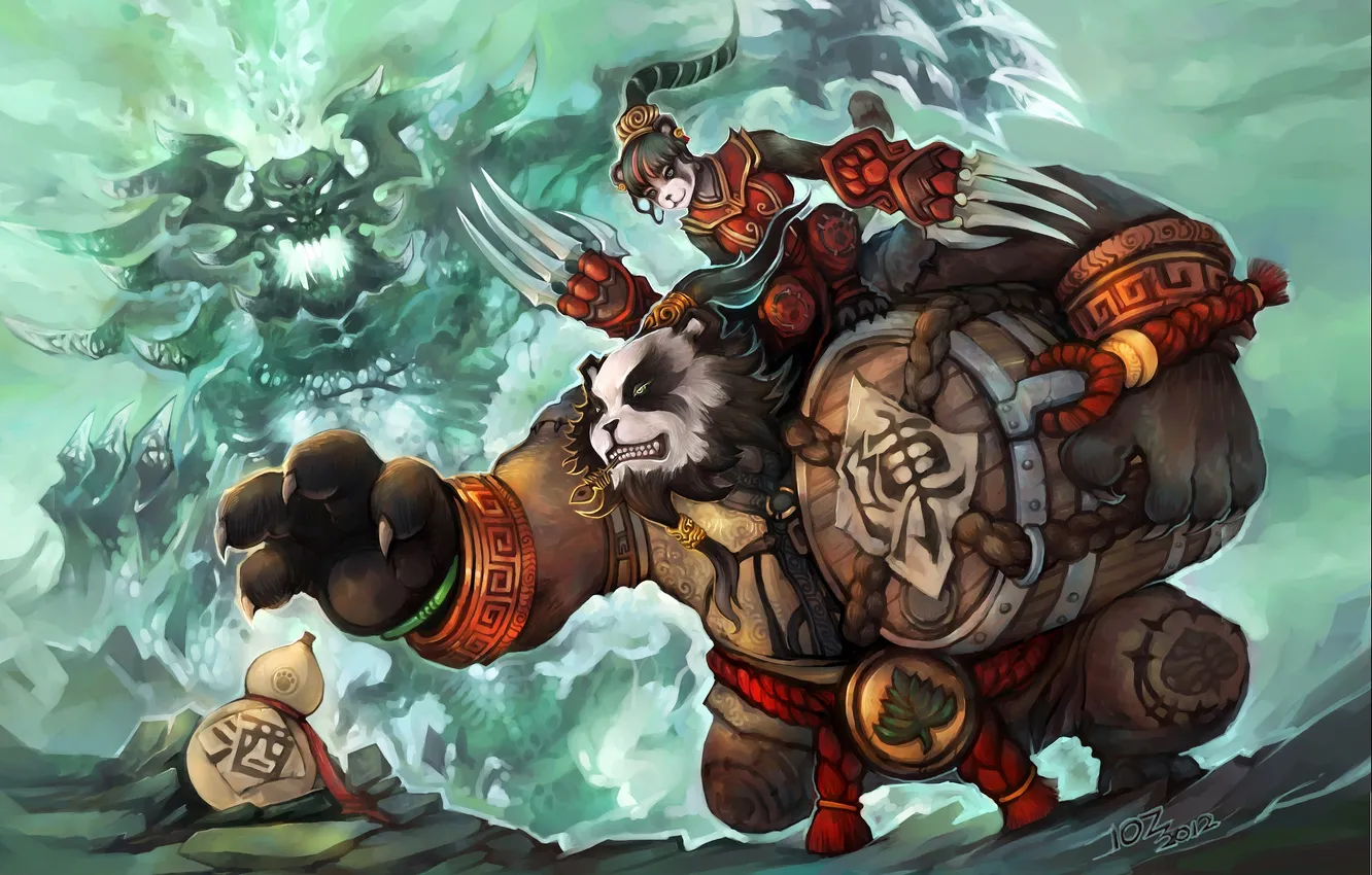Фото обои оружие, монстр, арт, панда, World of Warcraft, бочка, Mists of Pandaria, верхом