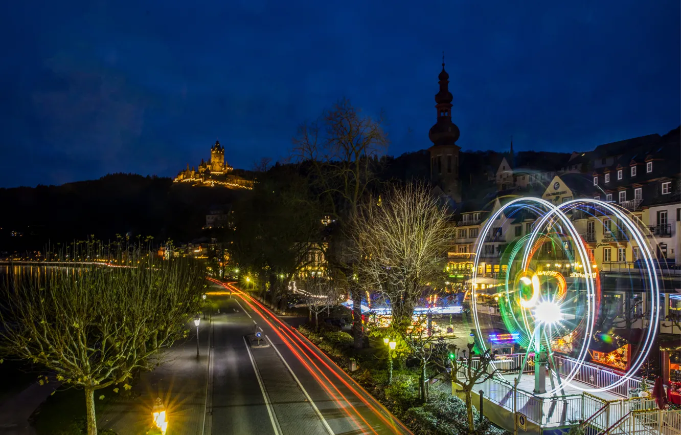 Фото обои дорога, ночь, выдержка, Германия, Germany, Night, Кохем, Cochem