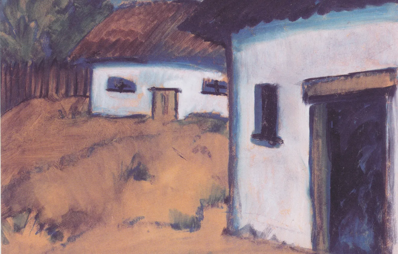Фото обои забор, дома, хижины, Экспрессионизм, Otto Mueller, ca1928, Zigeunerhutten