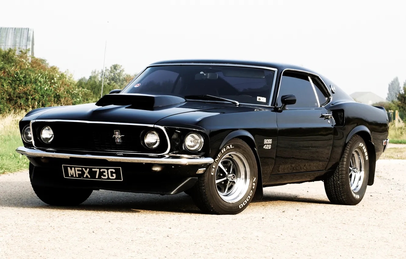 Фото обои небо, чёрный, Mustang, Ford, Форд, 1969, Мустанг, мускул кар