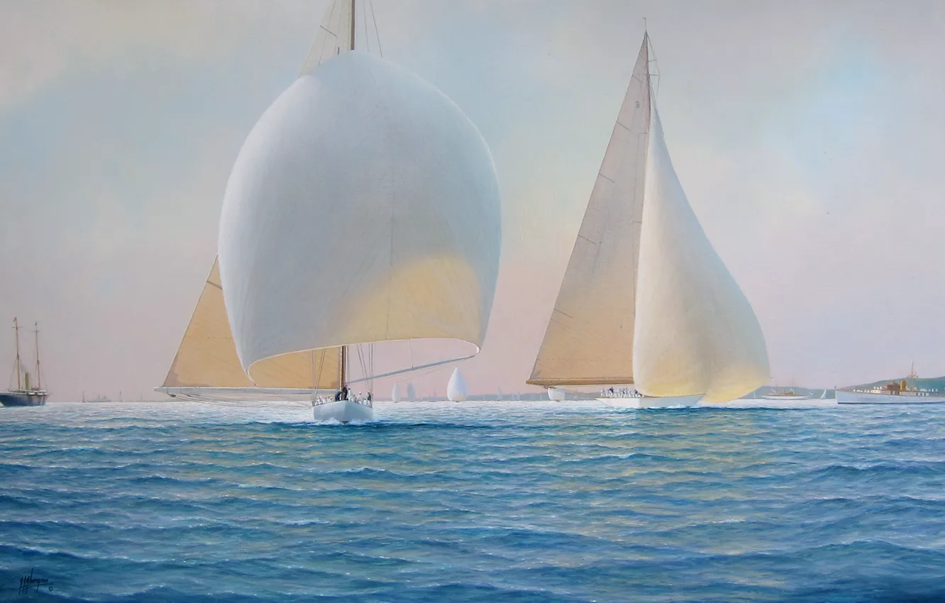 Фото обои море, ветер, корабли, картина, паруса, парусники, Tim Thompson